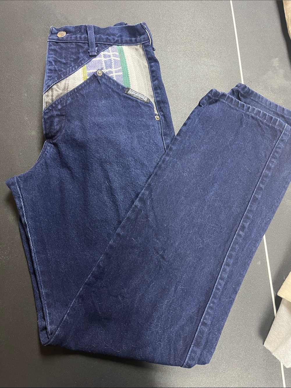 Vintage Dark Blue Denim Jeans with Patterned Pocket Trim